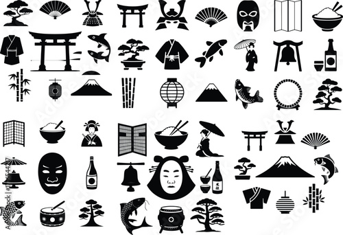 Collection of Traditional Japanese Icon Silhouette Set Cultural Japanese Symbols Vector Silhouette Collection