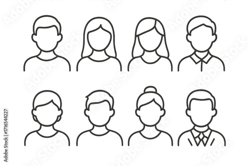 Faceless person profile line icon set. User avatar collection. Minimalist linear pictogram for design. Anonymous character head silhouette. Editable stroke people bust symbol.