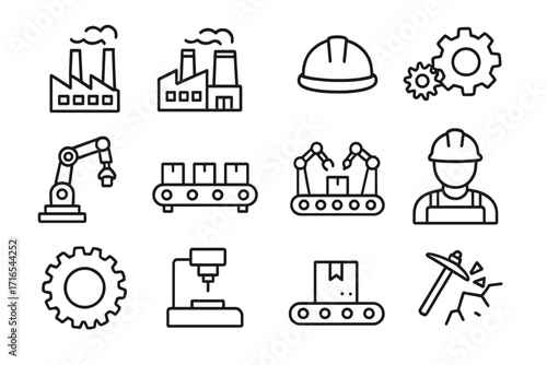 Factory and manufacture line icon set. Industry, production, and automation symbols. Vector icons of worker, robot arm, conveyor belt, and machinery. Editable stroke.