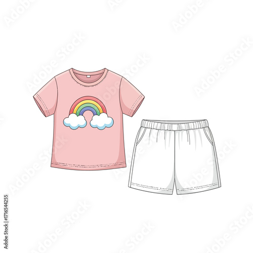 Kids' Outfit Illustration Pink T-shirt with Rainbow and White Shorts - Fun and Playful Design