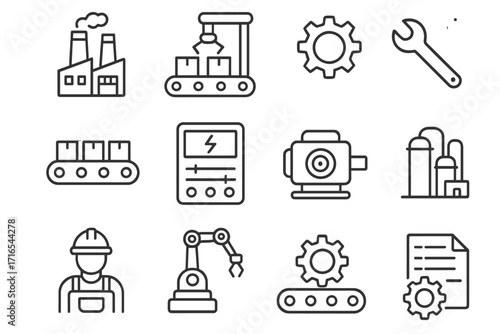 Factory and manufacture simple line icon set. Industrial production, automation, engineering symbols. Vector icons like conveyor, robot arm, gear, worker with editable stroke.