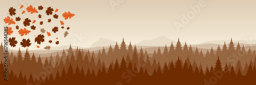 Fall season vector background with a brown monochromatic forest and colorful orange and yellow falling leaves against a misty sky