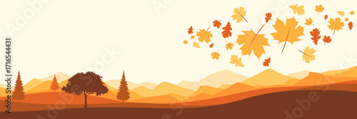 Golden hour fall season vector banner with flying autumn leaves over rolling hills and sparse trees ideal for seasonal marketing campaigns