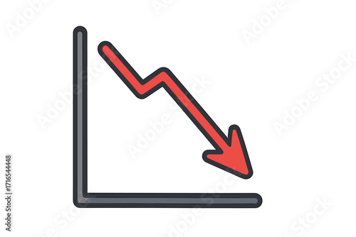 Decrease icon with arrow chart graph going down. Financial crisis, marketing failure, business loss and economy recession concept. Stock market crash vector symbol. Down.