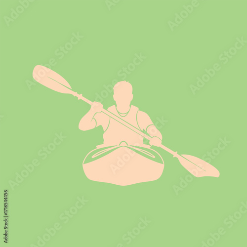 Silhouette of a person paddling a kayak on calm water with a green background and minimalist design