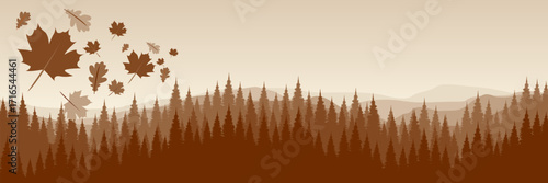 Panoramic autumn landscape with a dense pine forest silhouette and a swirl of falling maple and oak leaves for a seasonal banner