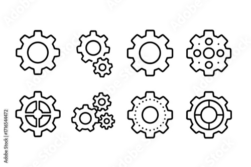 Gear and cogwheel outline icon collection. Mechanism symbol set. Editable stroke vector for infographic. Concept of mechanics,engineering,system,process,teamwork,progress.