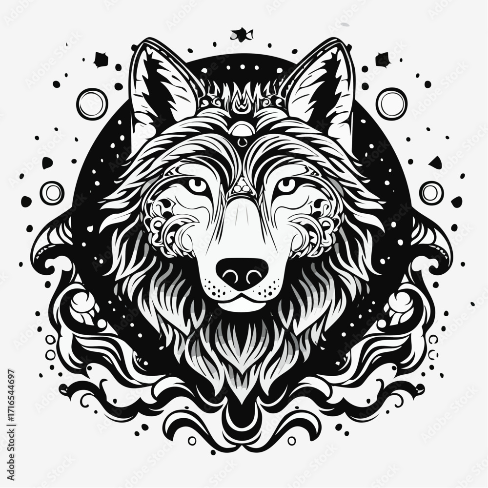Obraz premium black and white monochrome painting with water and ink draw wolf illustration