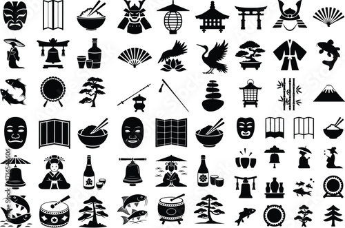Collection of Traditional Japanese Icon Silhouette Set Cultural Japanese Symbols Vector Silhouette Collection