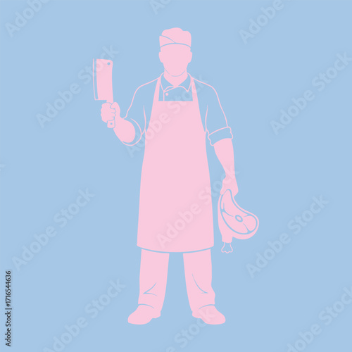 Silhouette of a butcher holding a cleaver and a piece of meat wearing an apron and hat on a blue background