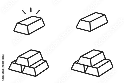 Gold bar line icon collection. Bullion and ingot symbol set for finance and banking. Concept of wealth, investment, savings, and treasure. Precious metal asset vector illustration.