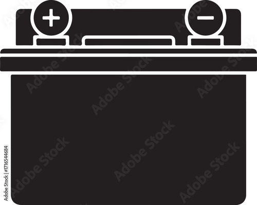 Illustration of a car battery, showcasing its rectangular shape and the positive and negative terminals, commonly used in various vehicles