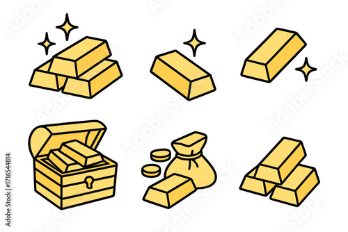 Gold bars and treasure icon set. Vector illustration of wealth, finance, and banking. Bullion, treasure chest, money bag, coins. Precious metal investment and savings concept.