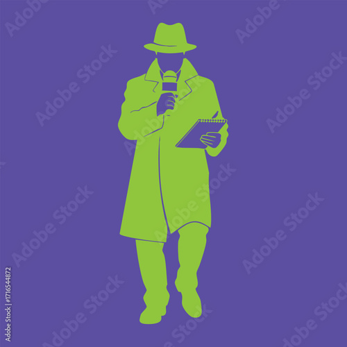 Silhouette of a person wearing a hat and coat holding a microphone and notepad against a solid background