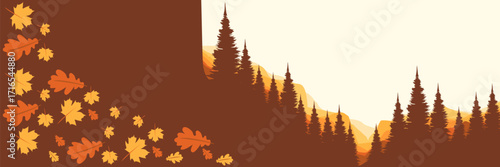 Graphic design autumn illustration with a brown background negative space forest and a cascade of oak and maple leaves for seasonal marketing