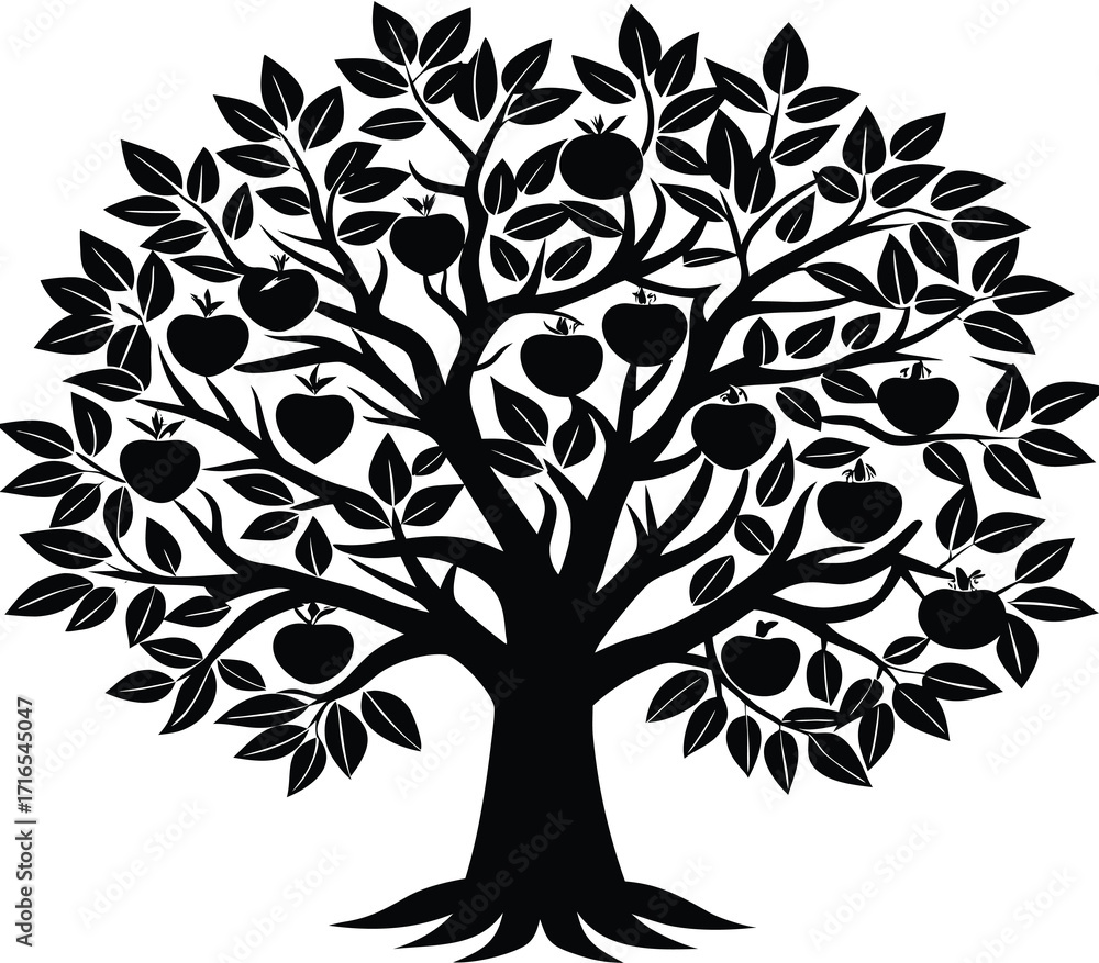 Fototapeta premium A stylized vector silhouette of a black and white tree with elegant branches and leaves, symbolizing nature's growth and life