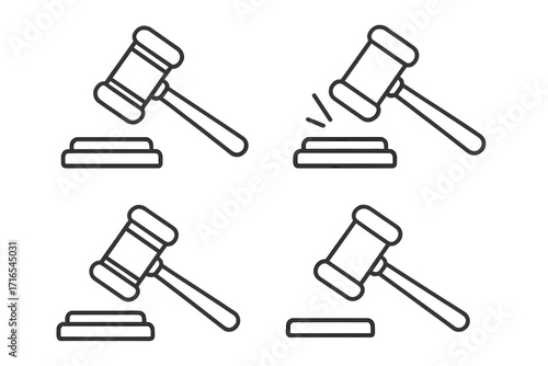 Judge gavel and court hammer outline icon set. Law, justice, and auction concept. Legal system symbol for verdict, sentence, and authority. Editable stroke vector illustration.