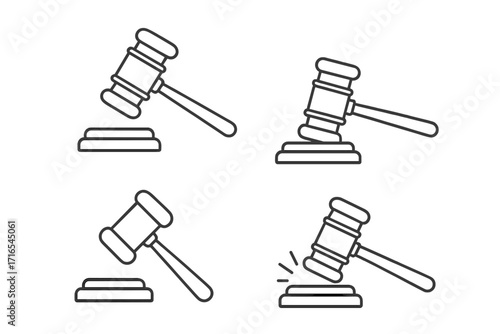 Judge gavel vector icon set. Law and justice concept. Court auction hammer symbol. Legal verdict, judgment, and authority outline pictogram collection with editable stroke.