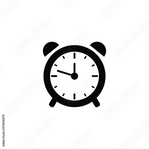 A minimalist, black and white icon of a classic twin-bell alarm clock set to 10:00.