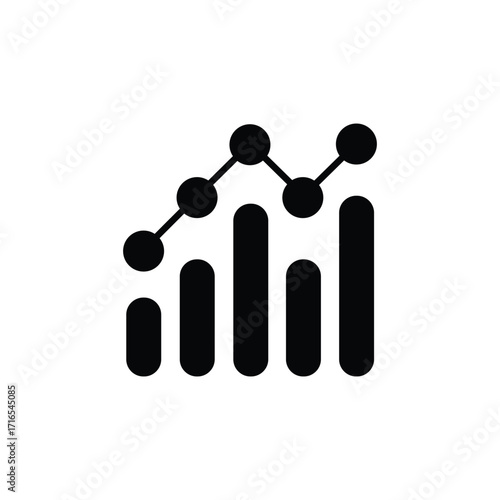 A minimalist black and white icon featuring a bar chart with an upward trending line graph overlay, symbolizing progress and data analysis.