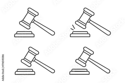 Judge gavel line icon set. Law and justice symbol collection. Court, auction, and legal verdict concept. Vector outline illustration with editable stroke for authority and judgment.