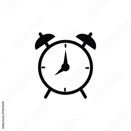 A minimalist black and white illustration of a classic alarm clock with two bells on top and a simple clock face.
