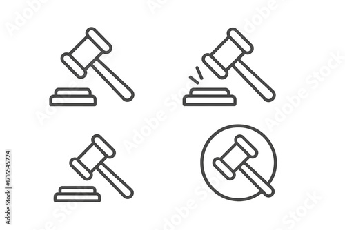 Judge gavel line icon collection. Editable stroke vector illustration set. Law, justice, and auction symbols. Courtroom hammer pictogram for web and infographic design.