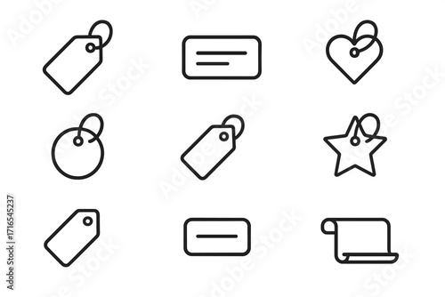 Price tag and label line icon set. Collection of minimalist pictograms for sales, shopping, ecommerce. Editable stroke vector illustration for web, apps, banners, and cards.