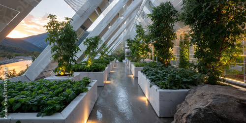 Modern Greenhouse with Plants and Mountain View