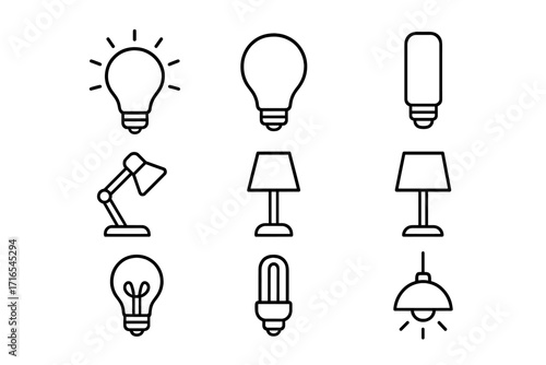 Light bulb and lamp line icon set. Vector electricity & energy symbols. Idea, solution, innovation concepts. Desk lamp, table lamp, ceiling light pictogram collection. Editable stroke.
