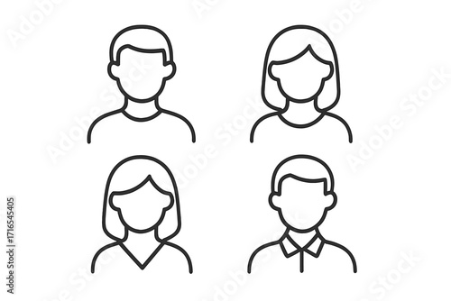 Male and female user avatar outline icon set. Simple person profile picture symbol collection. Man and woman head silhouette for web and mobile app. Editable stroke vector.
