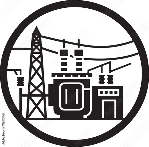 Vector art of electrical substation icon in a circle a detailed illustration of power generation and distribution for energy infrastructure and industrial themes