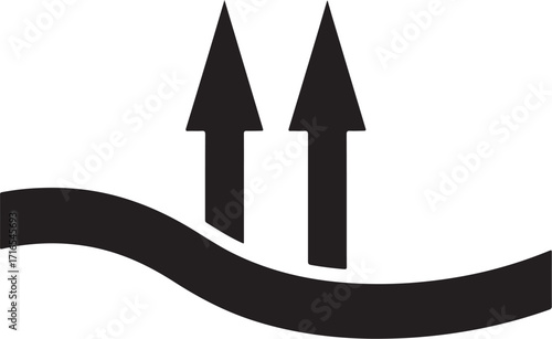 Vector art of black and white illustration of two arrows pointing upwards above a wavy line, the image is simple and graphic, suitable for use as a  Underground cable marking