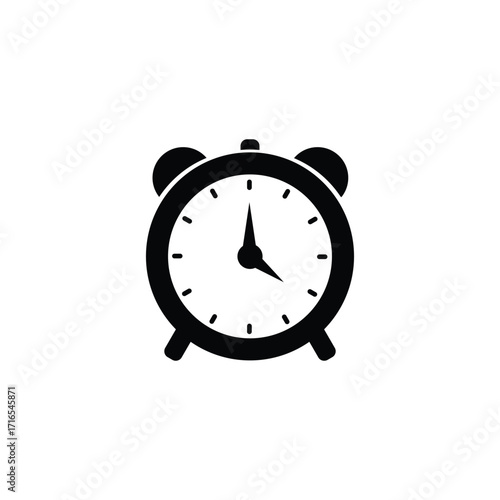 A simple, stylized black and white illustration of a classic analog alarm clock with two bells on top.