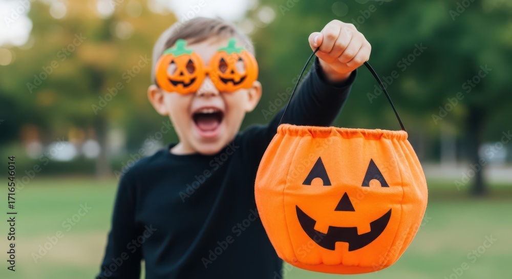 Naklejka premium Excited Kid With Pumpkin Candy Bucket Ready For Halloween Fun