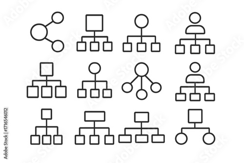Vector mind map and hierarchy icon set for business structure and organization charts. Corporate flowchart and diagram collection. Teamwork and management concept icons.