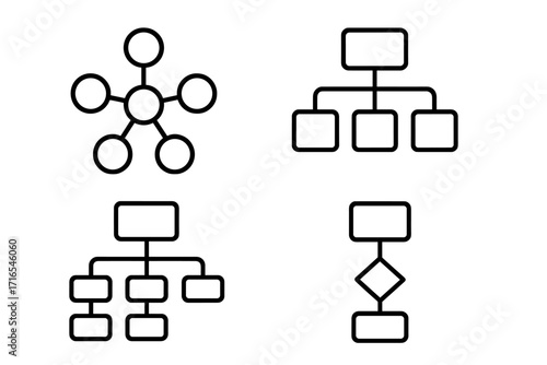 Mind map and flowchart line icon set. Business hierarchy, organizational chart, and sitemap structure diagram. Editable stroke vector for UI, UX, web, and app design.