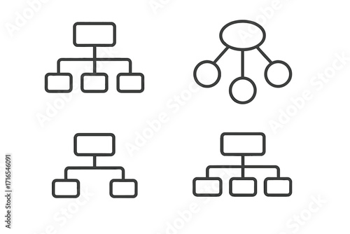 Mind map and hierarchy line icon set. Organization chart, structure, and flowchart symbols. Business data visualization, workflow diagram, infographic elements for web and apps.