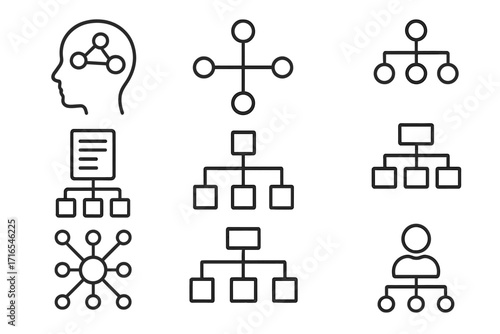 Mind map and hierarchy icon set. Thin line icons for flowchart, business structure, organization chart, data connection, and project management. Vector infographic elements.