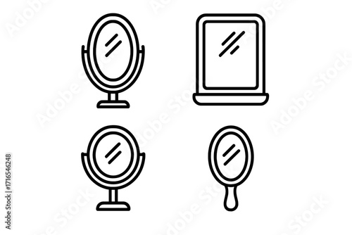 Mirror line icon set collection. Includes vanity, hand, and pocket mirrors. Outline vector symbols for beauty, makeup, and self-care. Reflection pictograms for UI and web design.