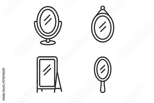 Mirror line icon collection. Editable stroke vector graphics pack. Includes hand, wall, floor, and vanity mirrors. Concept for reflection, beauty, interior design, decor, grooming.