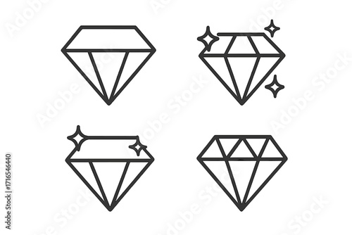 Diamond line icon set vector. Gemstone, precious crystal, and jewel symbols. Concept of luxury, wealth, value, quality, and success. Brilliant and shiny expensive gem.