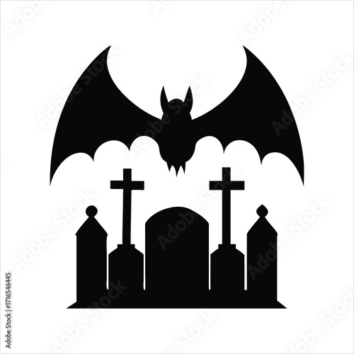 Black silhouette of a bat flying over a graveyard with crosses