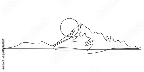 Artistic line drawing of majestic mountain peaks under a circular sun or moon landscape scene