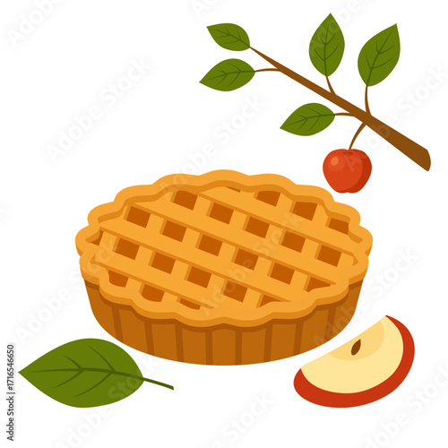 Apple pie with apple slice and branch flat design vector illustration
