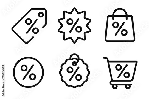 Sale discount outline icon set. Percent symbol collection. Vector line icons for promotion, special offer, clearance. Price tag, shopping bag, cart. Editable stroke.