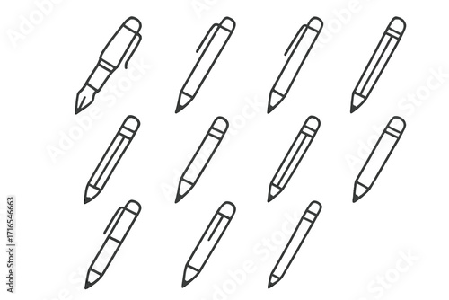 Pen and pencil thin line icon set. Vector illustration of school and office supplies. Editable stroke icons for writing, drawing, and education. Fountain pen symbol.