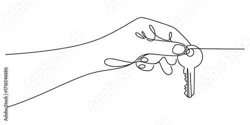 Hand holding a single metal key with a textured sketch effect for home ownership or access concepts