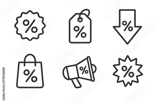 Sale and discount outline icon collection. Vector line icons for promotion and special offer. Percent symbol set with price tag, shopping bag, down arrow, badge, and sticker.