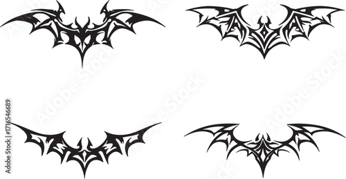 Tribal bat wing designs set black and white graphic elements